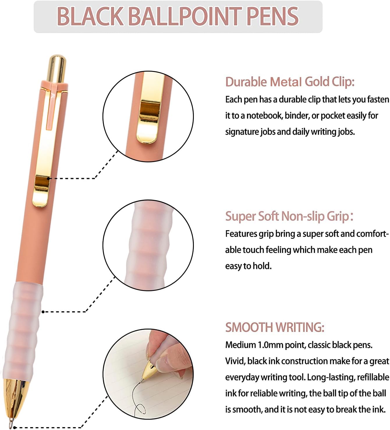 Ballpoint Pens Black Medium Point 1mm Pen with Super Soft Grip Ball Point Pen for Men Women Retractable Pens (gold-12 pcs) - Image 2